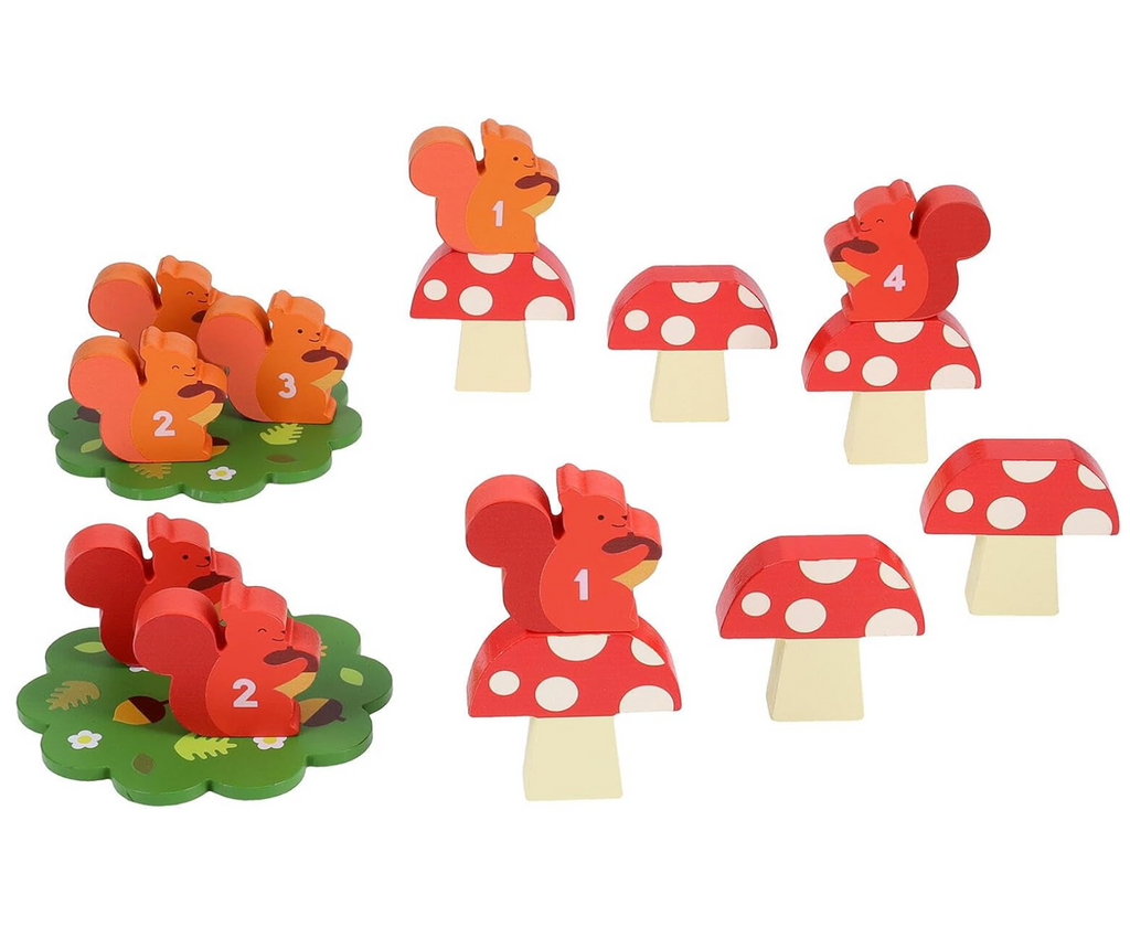 Squirrel and mushroom shaped game pieces from the game Squirrel Jump. 