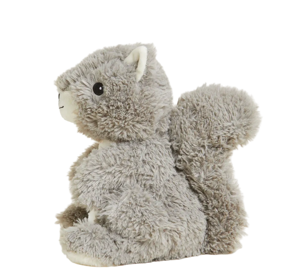 Side view of the Squirrel Warmies weighted plush. 
