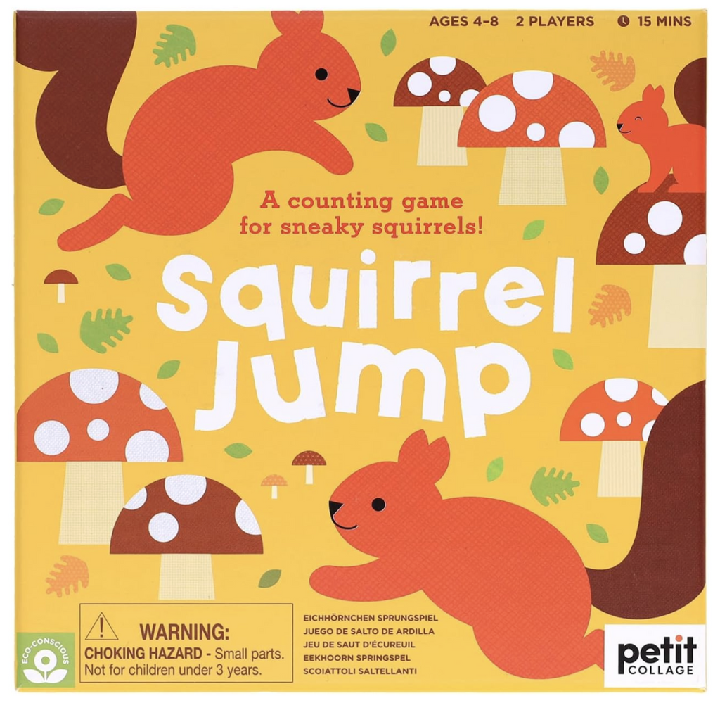 Illustrated box with squirrels and mushrooms on the cover for the game Squirrel Jump. 