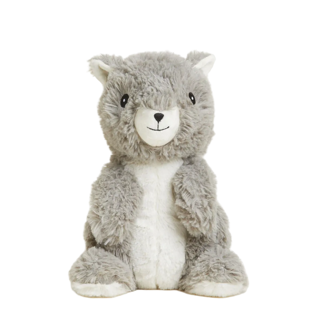 Grey Squirrel weighted stuffed animal sitting upright and facing forward. 