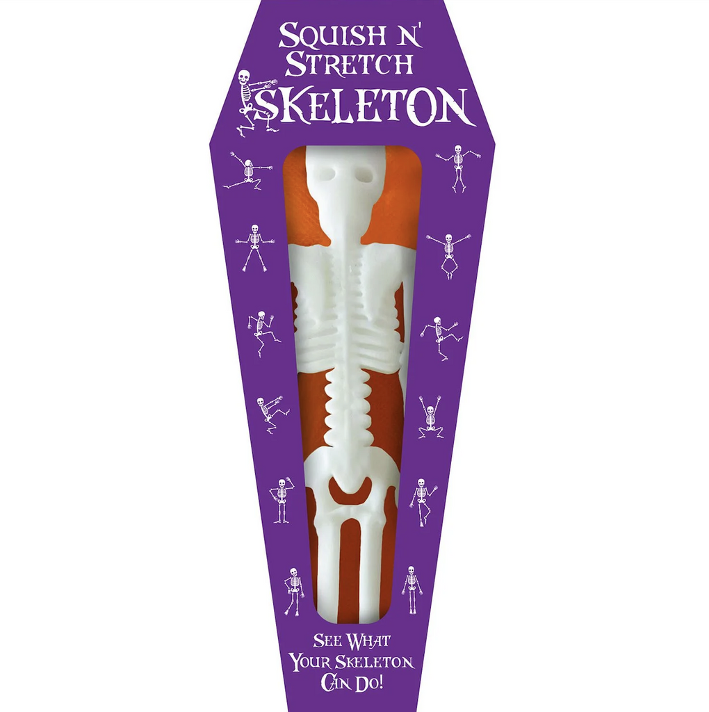 White Squish and Stretch Skeleton packaged in a purple coffin shaped box.