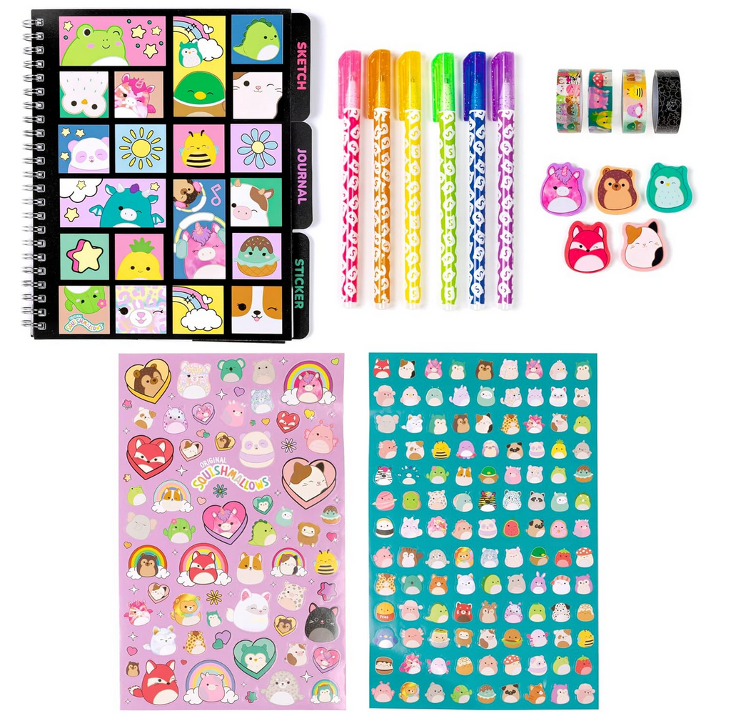 Items from the Squishmallow Journal Set including stickers, gel pens, washi tape, character erasers and a spiral bound journal. 