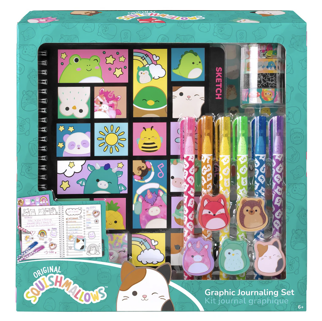 Squishmallow journal set with gel pens, erasers, stickers and a spiral bound journal. 