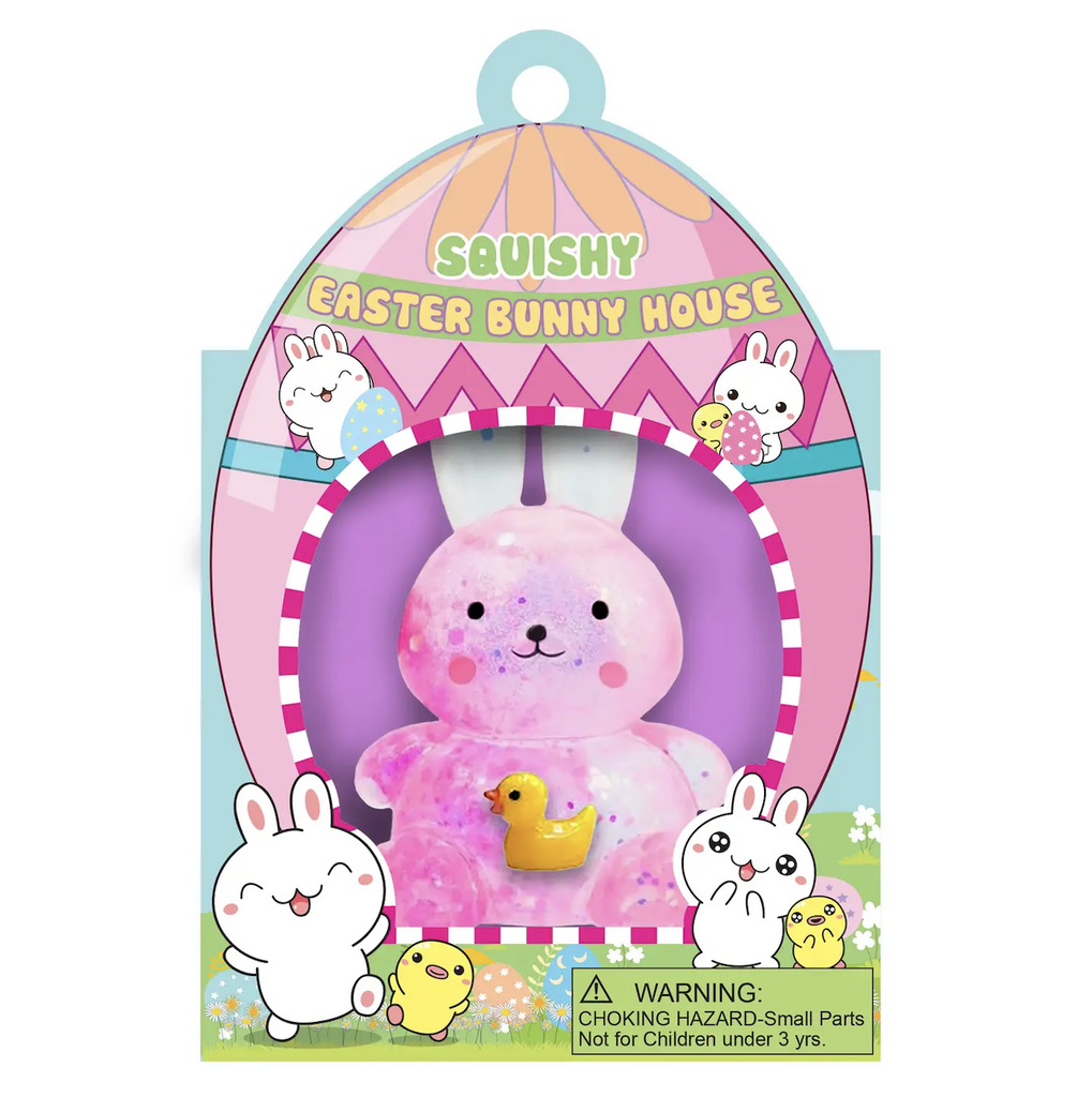 A pink squishy bunny with little yellow ducky packaged in an egg shaped house. 