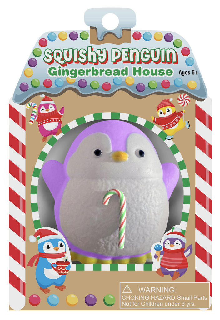 Purple and white squishy penguin with a multicolored candy cane packaged in a box that looks like a gingerbread house with a clear window at the front.  