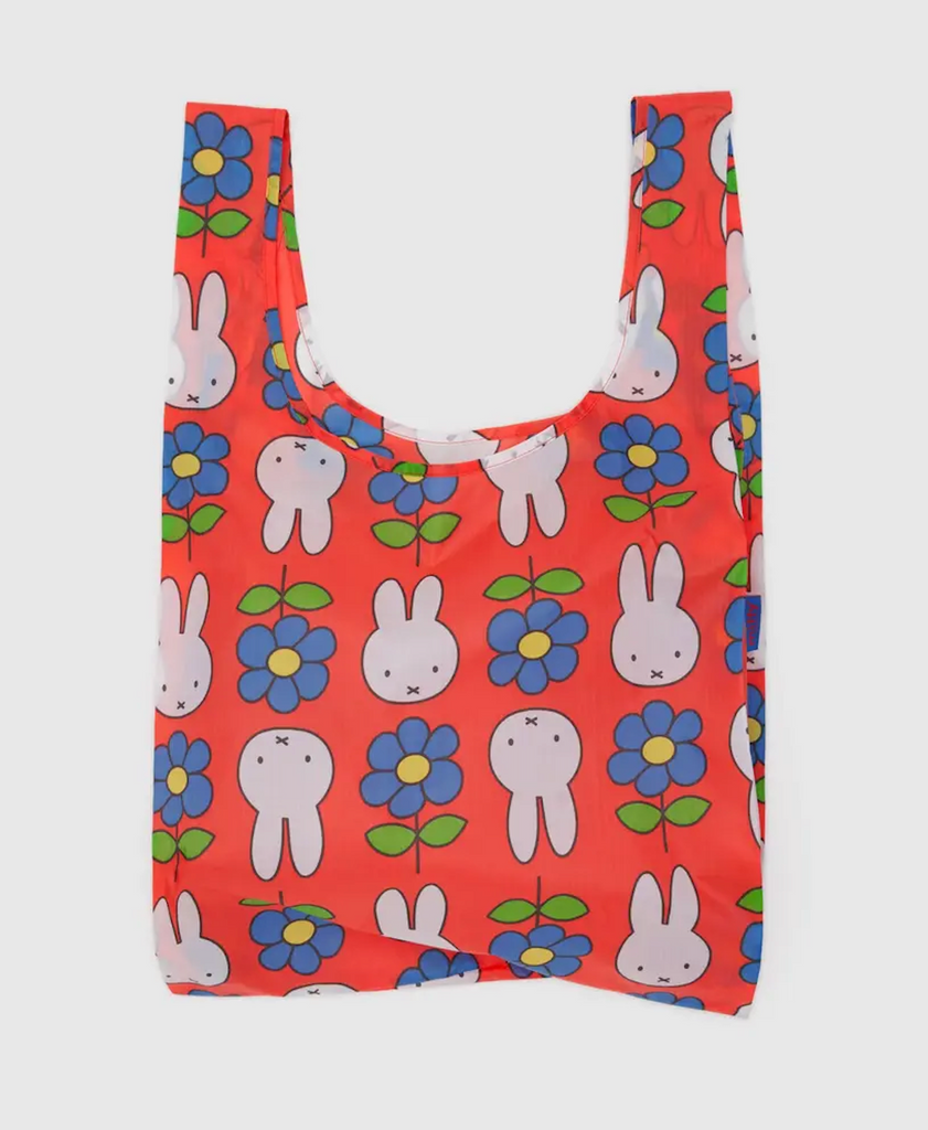 Standard size Baggu bag with the Flower Miffy pattern. Which is red with Miffy's face and blue flowers printed on it. 