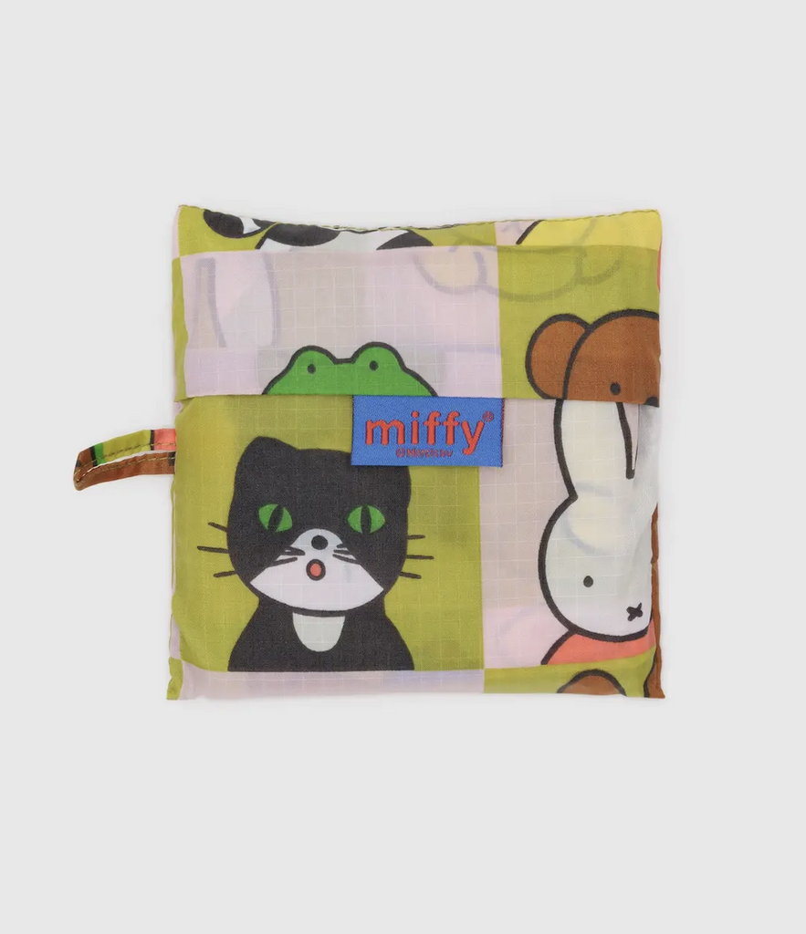 Standard Baggu reuseable bag folded and stored into it's pouch with the Miffy and Friends pattern. 