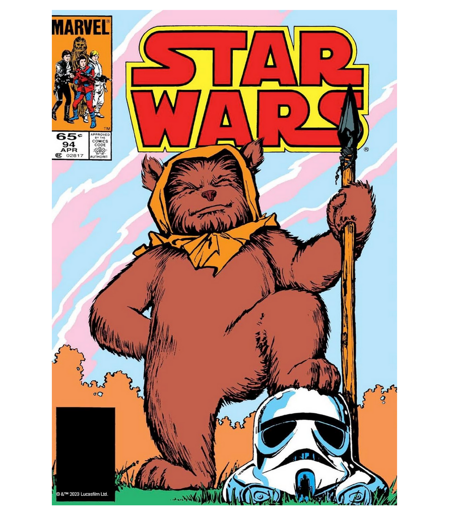 Postcard with illustration of an Ewok with it's foot on a Storm Trooper helmet.