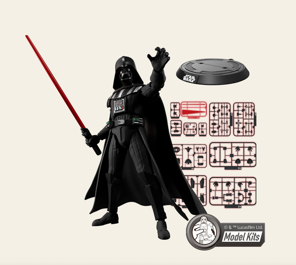 Darth Vader model kit with the pieces in frames and the display stand. 