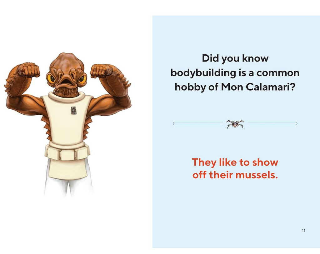 Illustration of Mon Calamari flexing muscles with a good, bad dad joke about bodybuilding. 