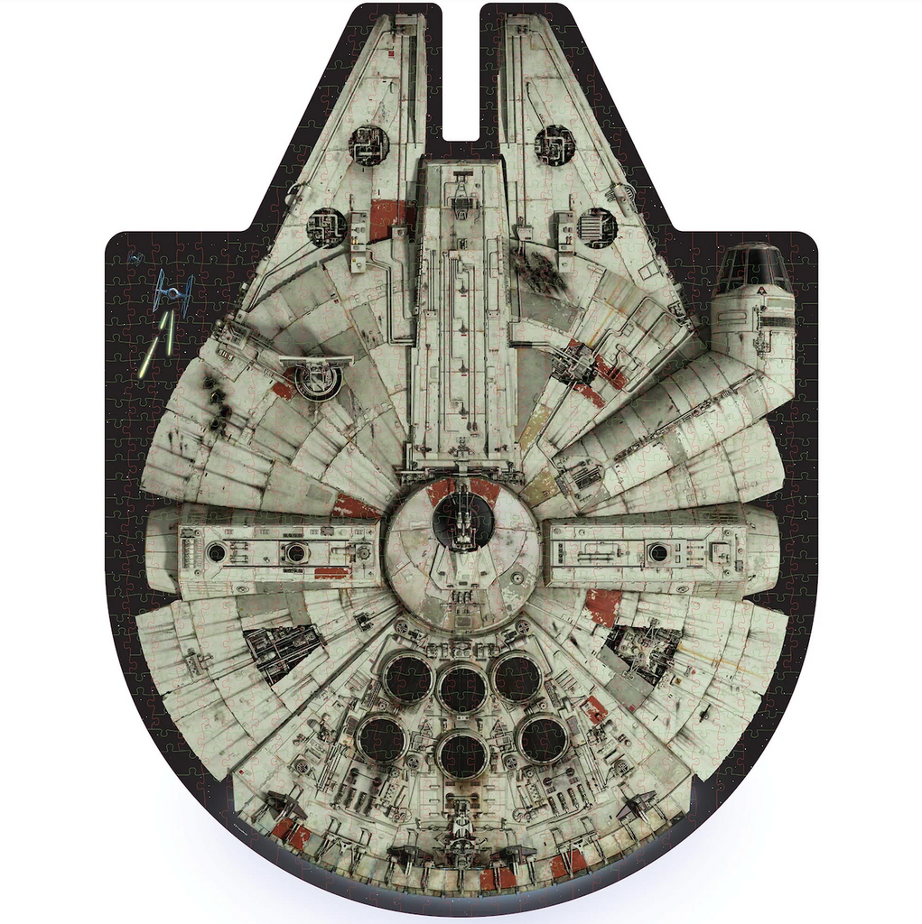 Completed 1000 piece puzzle depicting the Star Wars Millenium Falcon space ship. 