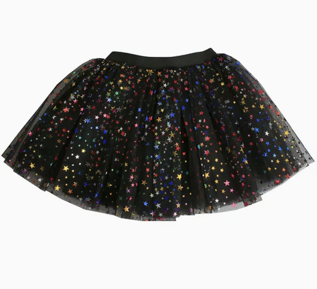 Black tulle tutu with multicolored stars throughout. 