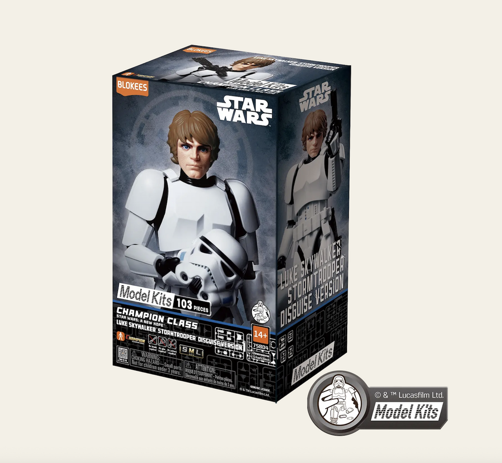 Champion Class Star Wars A New Hope Luke Skywalker Stormtrooper Disguise model kit packaged in a box featuring a close up picture of the model showing Luke Skywalker holding the stormtrooper helmet. 