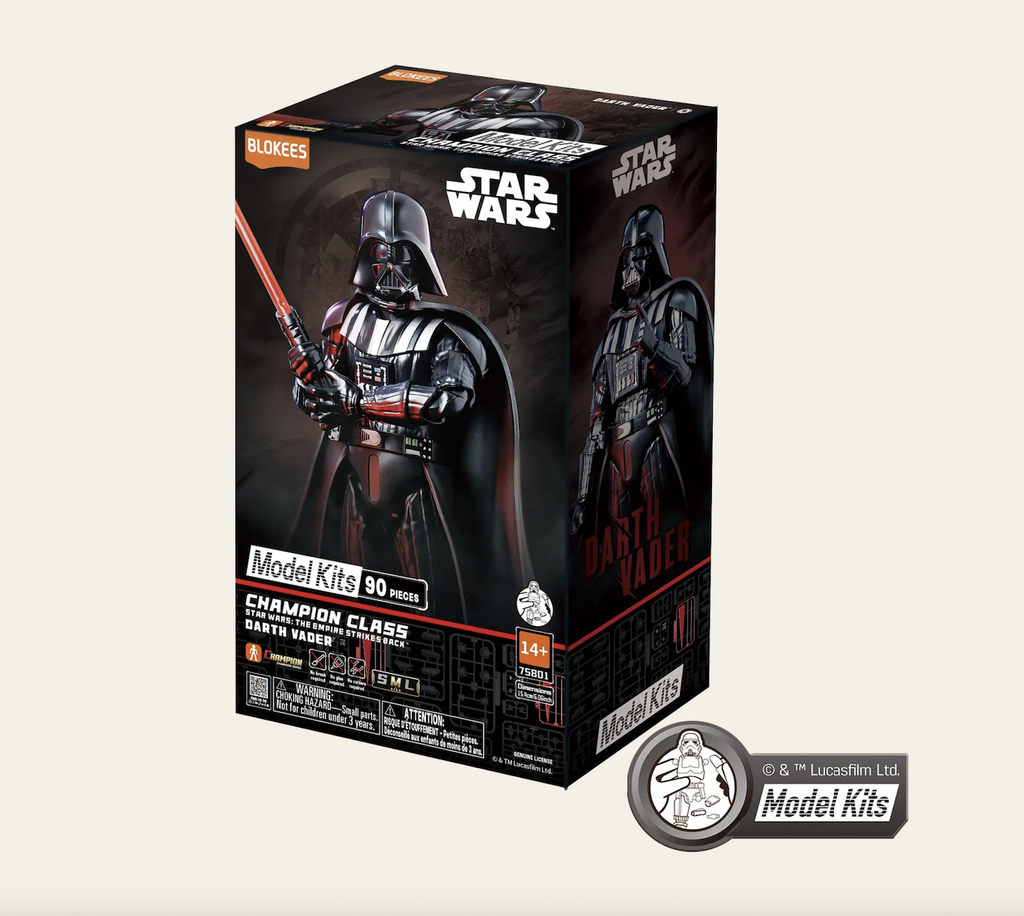 Champion Class Star Wars The Empire Strikes Back Darth Vader model, packaged in a black box featuring a picture of the finished model with Darth Vader holding his signature red light saber on the front. 