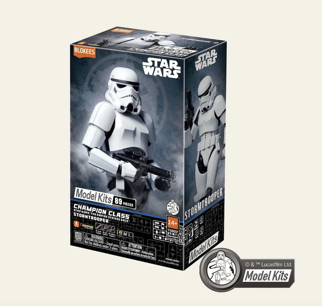 Star Wars Champion Class Stormtrooper model kit packaged in a grey box with an image of of the built model featuring a stormtrooper from The Empire Strikes Back. 