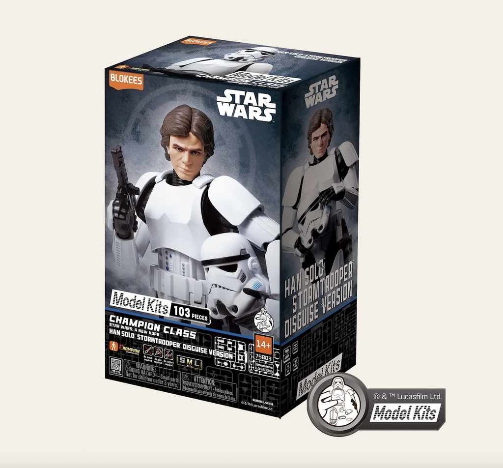 Blokees Star Wars Han Solo Stormtrooper Disguise model kit from Star Wars A New Hope, featuring a close up picture of the completed model. 