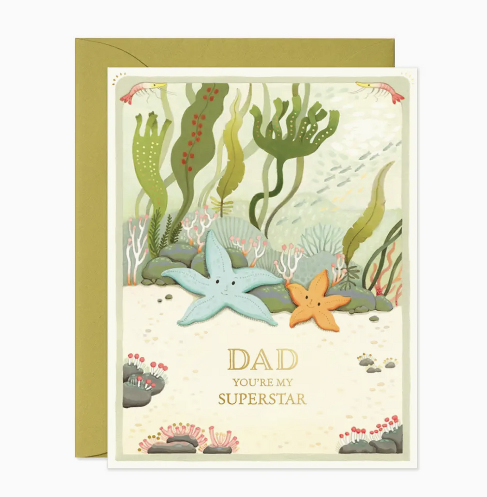 Greeting card with illustration of umderwater scene with starfish and coral that reads "Dad You'r eMy Superstar"