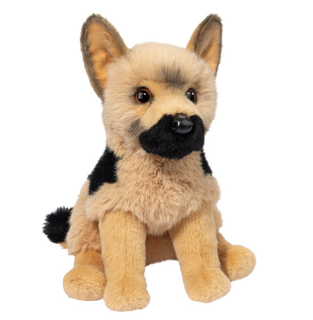German Shepherd stuffed animal puppy with light tan fur with black markings in a seated pose. 