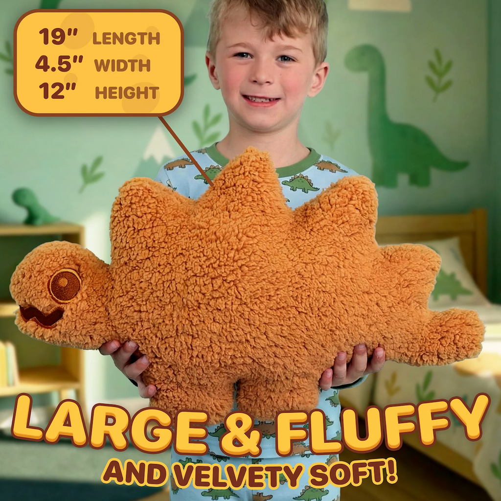 Child holding Tender Rex the fluffy dinosaur plush pillow with text that reads "Large and fluffy, and velvety soft!" The dimensions are also listed in the picture 