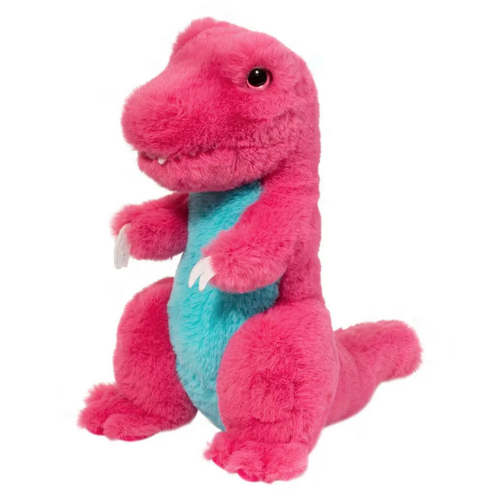 Pink plush T Rex with turquoise belly.