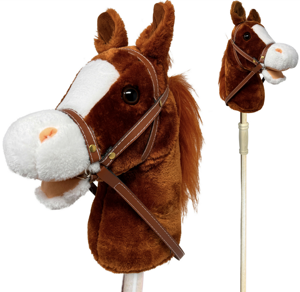 Stick pony toy with a plush brown and white horse head at the top with reins and bridle in the horses mouth. 