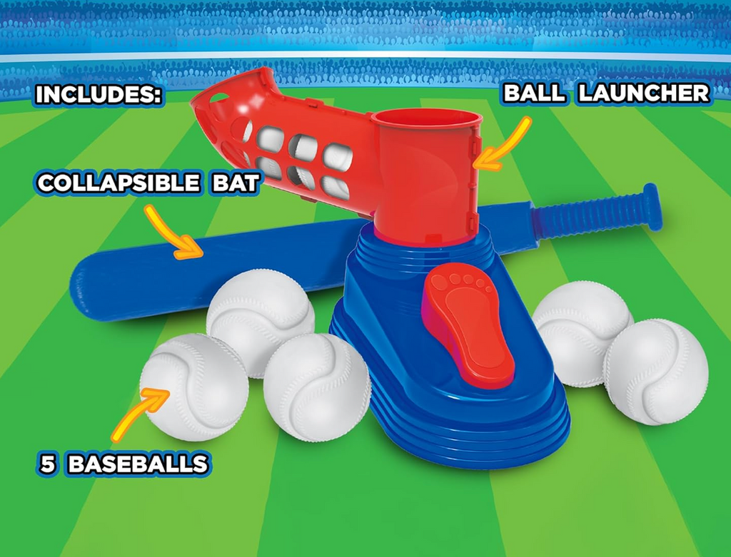 A close up picture of the Stomp n Pitch unit with a red ball launcher, blue stomp pad, five baseballs and five white baseballs. 