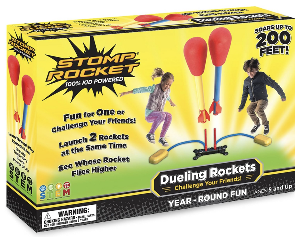 Bright yellow box with pictures of two kids jumping on the launch pad f the Dueling Rockets Stomp Rocket. 