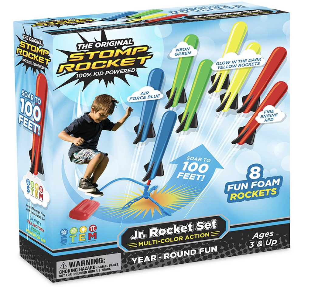 Jr. Stomp Rocket Set box with images of the multicolored foam rockets flying through the air and a picture of a kid jumping on the launch pad. 