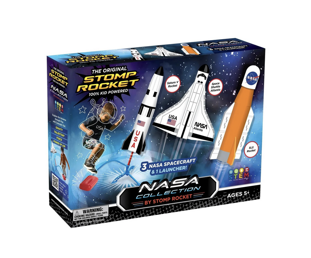 Stomp Rocket NASA Collection box with pictures of the three rockets included and a child stomping on the launch pad. 