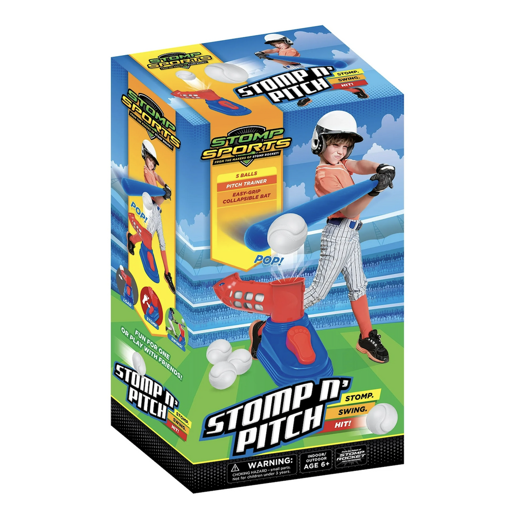 Stomp n' Pitch Pitch Trainer for kids packaged in a colorful box featuring a kid in a baseball uniform ready to hit a ball that just launched from the Stomp N' Pitch. the set. 