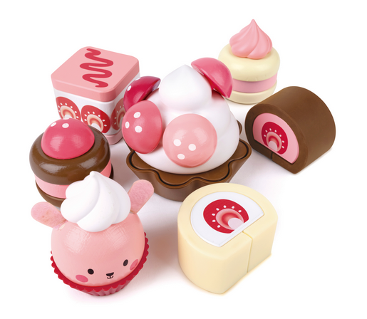 This wonderful set is perfect for encouraging little ones to imitate grown up behavior. It helps to encourage sharing and role play. Choose from the cute bunny cupcake, the square cake the dark or white chocolate Swiss roll, the dark or white chocolate cream cakes or the cake with actual strawberries on top!