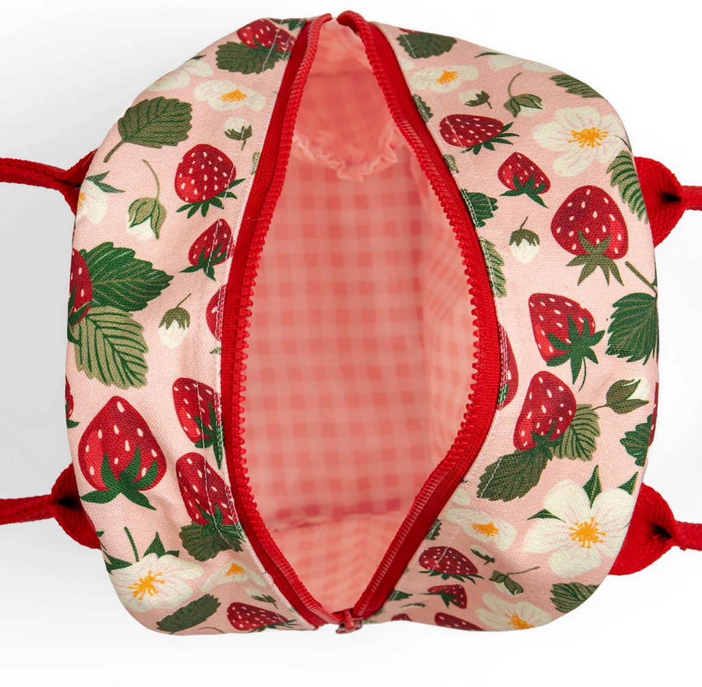 Inside view of the Strawberry Patch Lunch Box with a pink gingham insulated interior. 