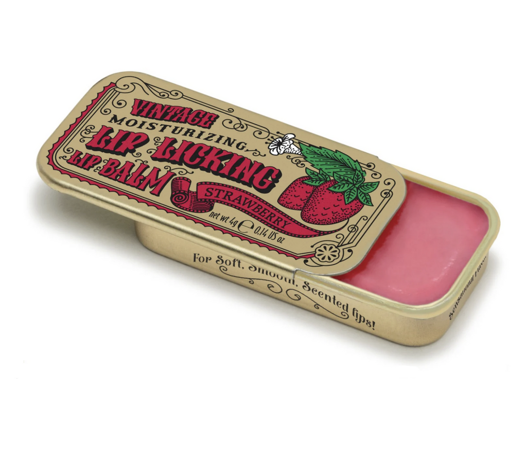 Strawberry flavored Lip Licking Lip Balm in a retro metal slider tin.