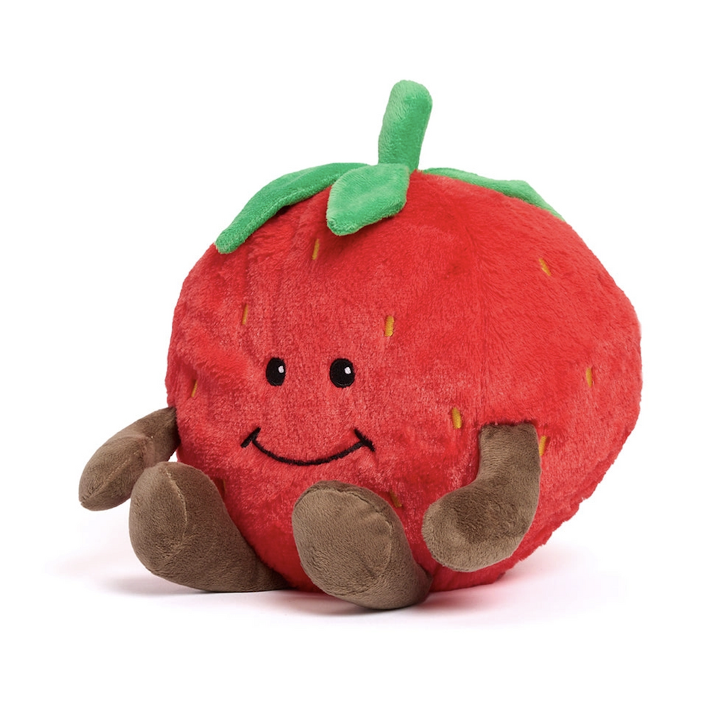 Plush Strawberry Warmies weighted stuffed animal with bright red body, green stem and brown arms and legs. 