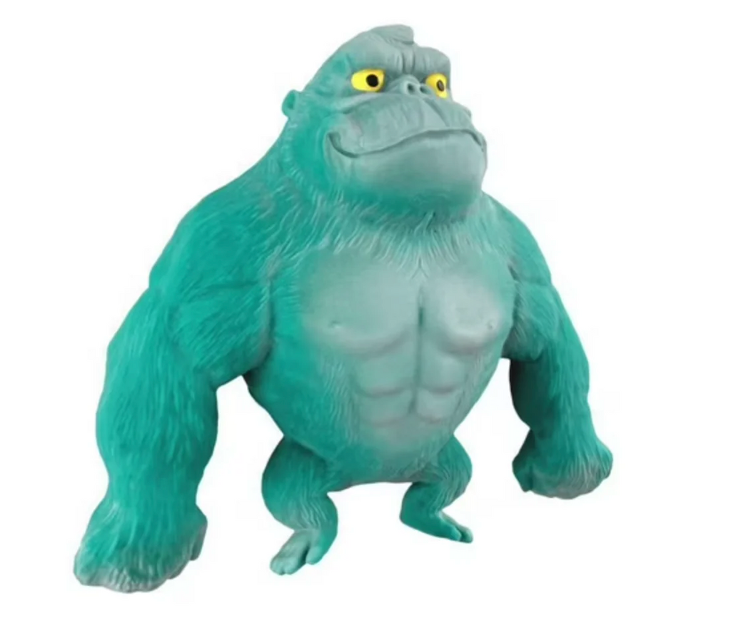 Stretchi Gorilla toy with comically large arms to stretch and pull in a turquoise green color. 