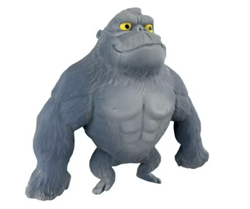 Stretchi Gorilla toy with comically large arms to stretch and pull in a dark gray color. 