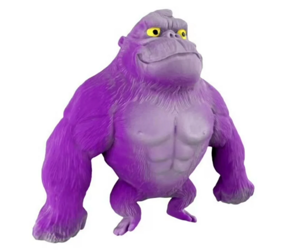 Stretchi Gorilla toy with comically large arms to stretch and pull in a neon purple color. 