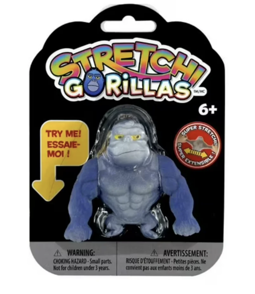 The bright blue Stretchi Gorilla packaged on a backing card with colorful graphics. 