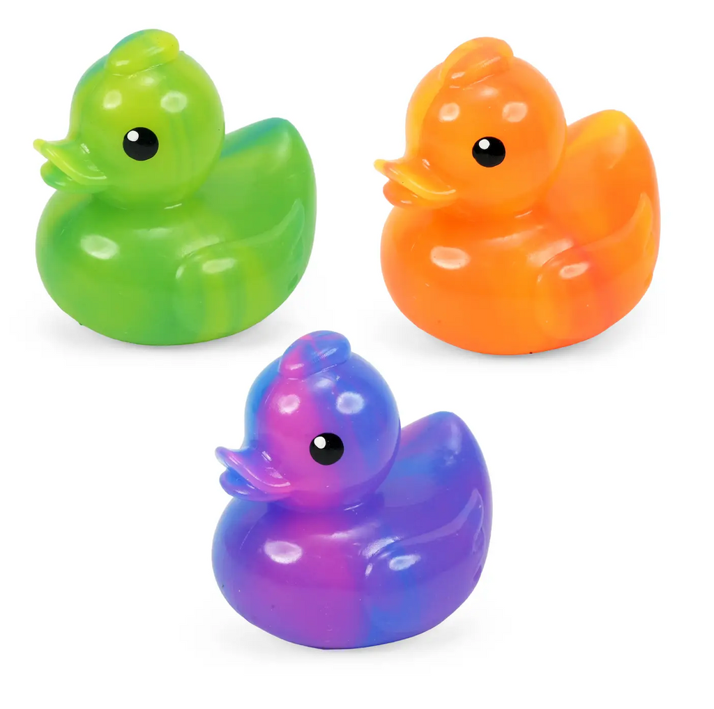 Orange, green and purply pink glow in the dark stretchy ducks. 