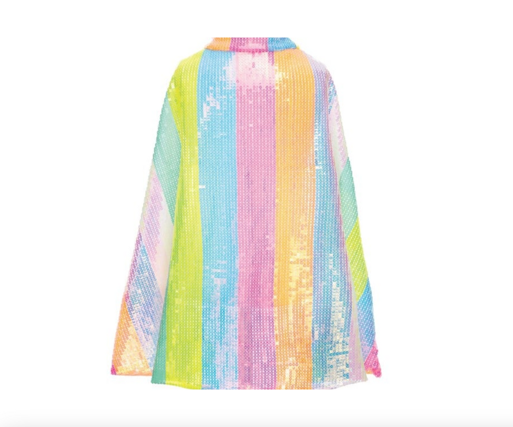 View of the back of the Stripy Sequins Cape with neon stripes running own the back of the cape. 