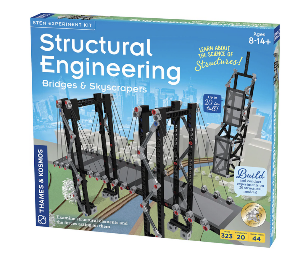 Blue box cover for the Structural Engineering Bridges and Skyscrapers building set from Thames and Kosmos. Featuring a picture of  completed suspension bridge in the foreground and a skyscraper structure in the background. 