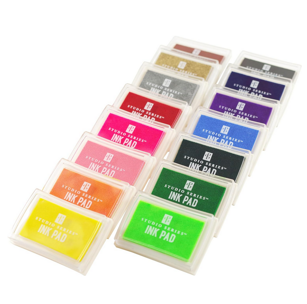 All 15 colors included in the Ink Pad Set Yellow, Orange, Brick Red, Salmon, Hot Pink, Bright Green, Hunter Green, Celtic Green, Bright Blue, Navy Blue, Purple, Silver, Gold, Brown, and Black.
