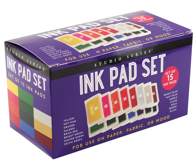 Purple box with pictures of the 15 included ink pads.