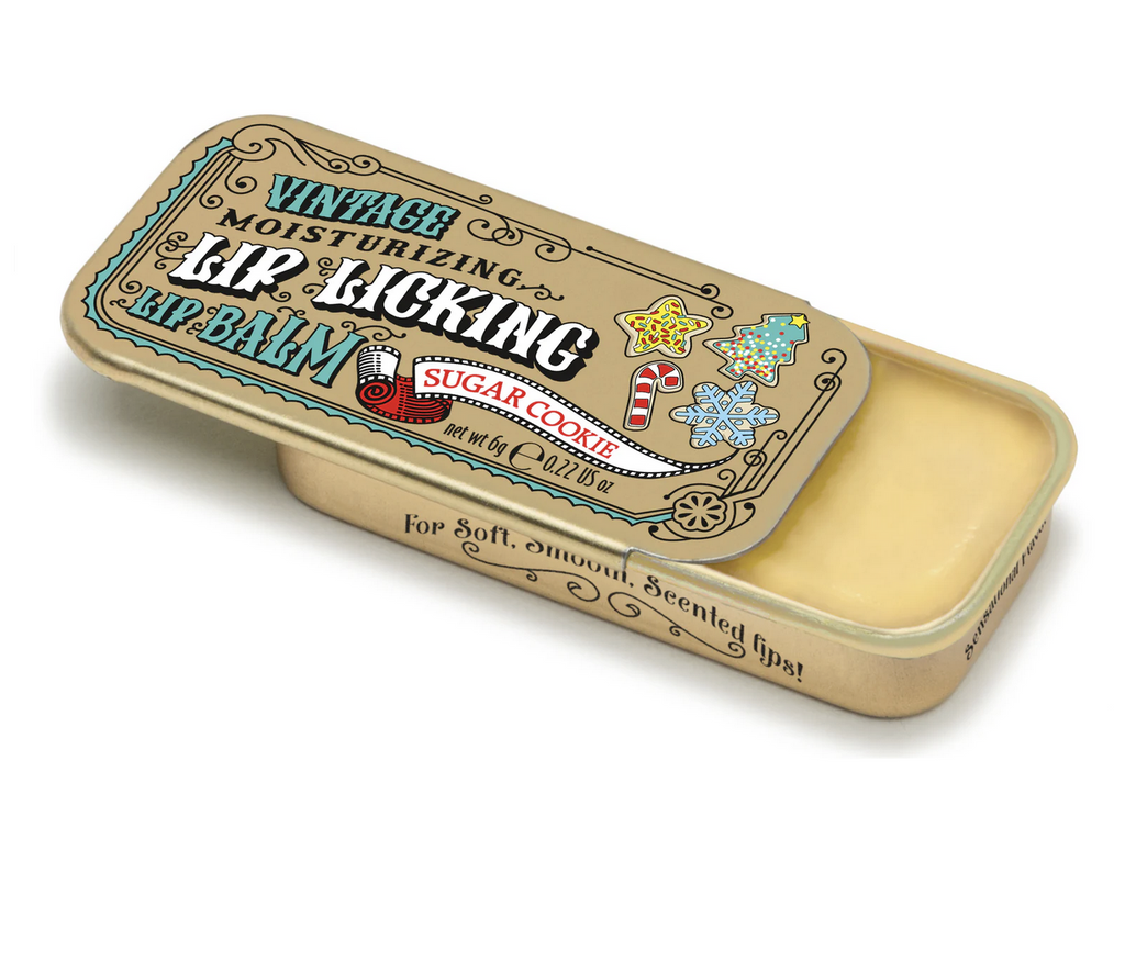 Sugar Cookie flavored Lip Licking Lip Balm in a retro metal slider tin.