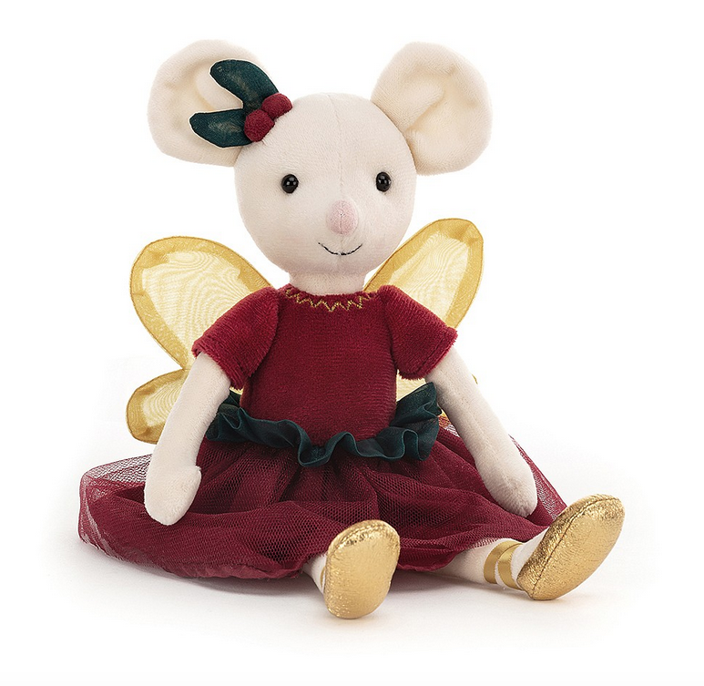 White plush mouse wearing a red dress, gold wings, and gold ballet slippers.