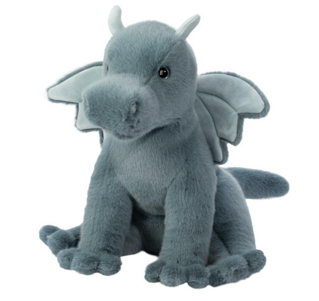 Large plush dragon in a seated pose with plush dark green fur, wings and horns. 
