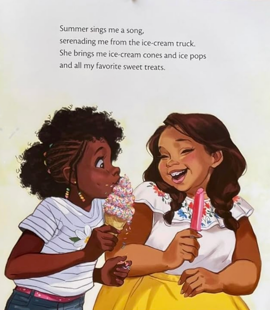 Interior page from "Summer Is Here" with illistration of two young girls eating ice cream and laughing. 