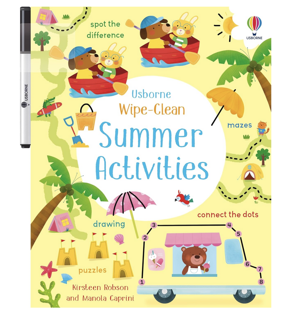 Illustrated cover of the Summer Activities Wipe Clean book with images of cute animals in a row boat as well as an ice cream truck. 