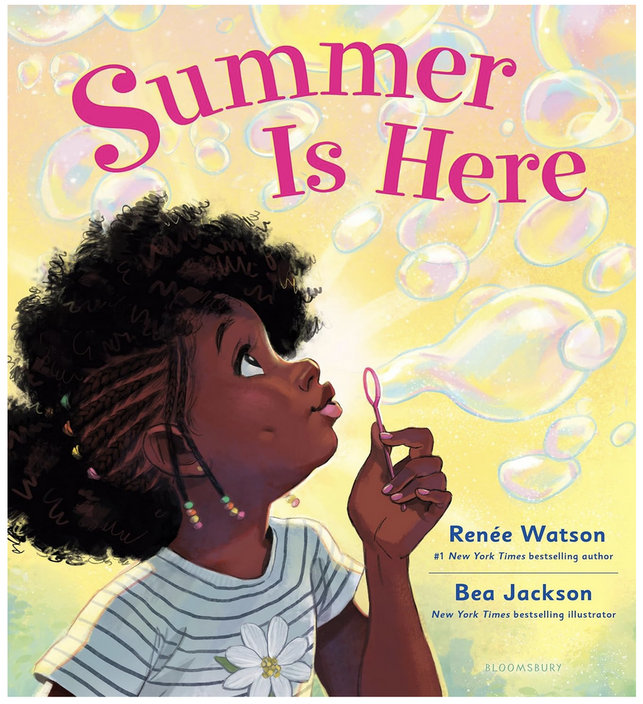 Illustrated cover for "Summer Is Here"  with a young black girl blowing bubbles.