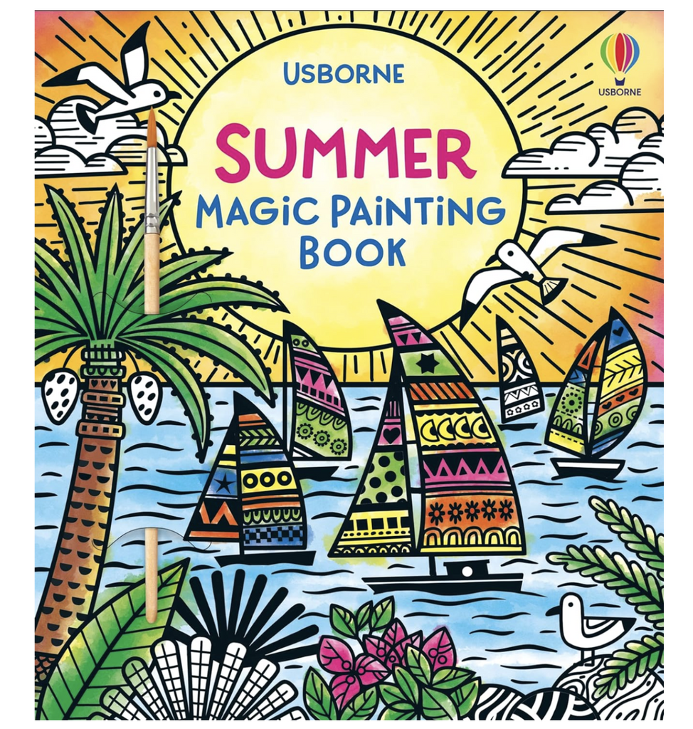 Summer Magic Painting Book cover with a colorfully painted image of sail boats and palm trees. 